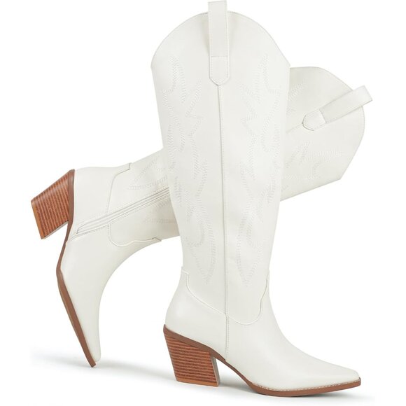 ⚡Women's White Cowgirl Boot Embroidered Knee High Boot Pointed Toe Block Heel - Picture 5 of 6